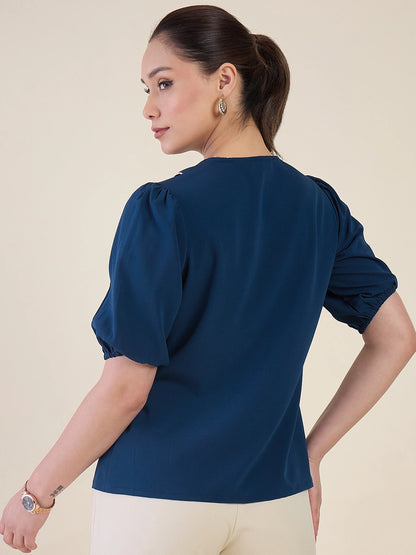 Women Blue Embriodered Collar Puff Sleeve Top