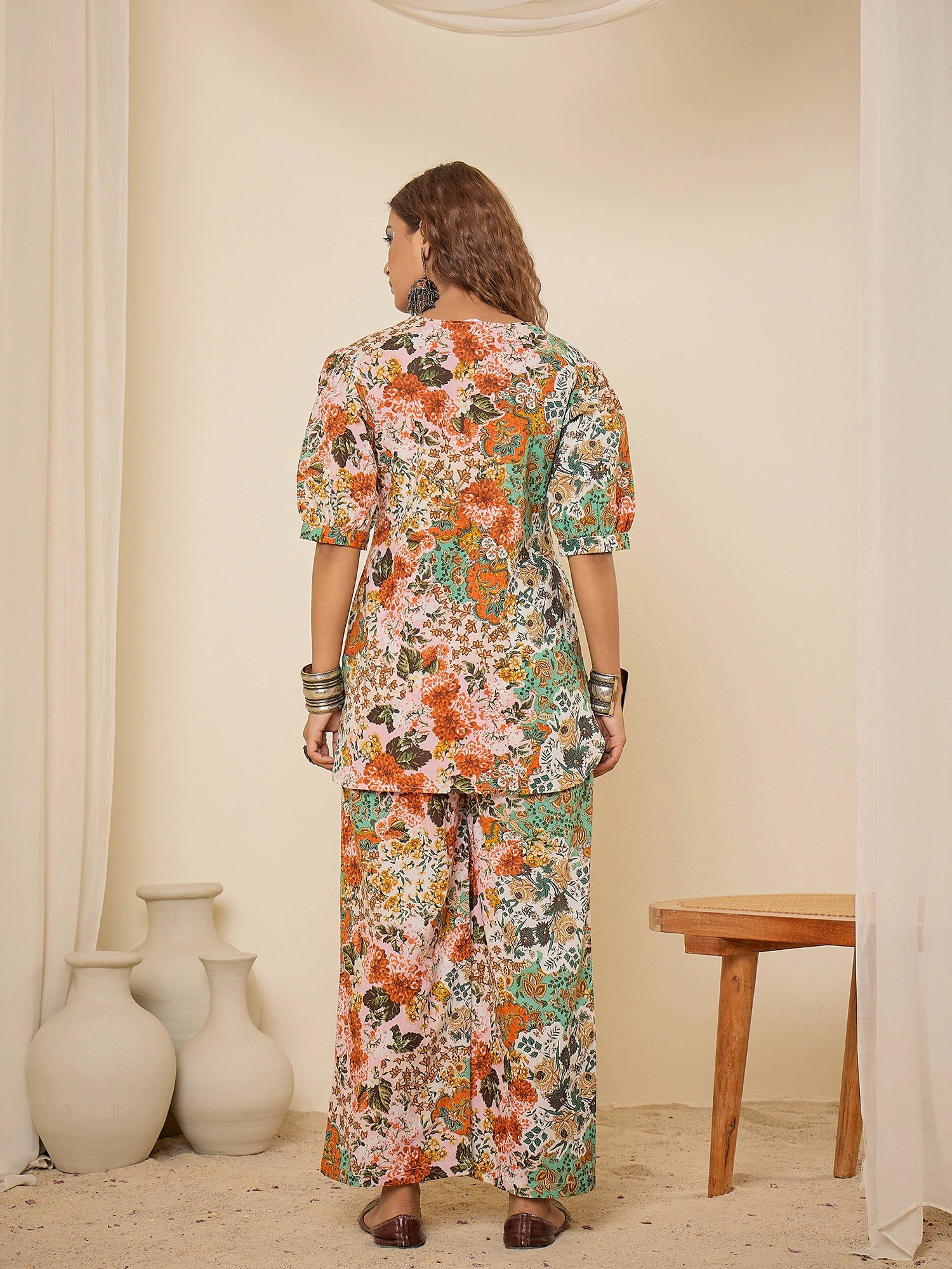 women-white-floral-print-puff-sleeve-tunic-co-ord-set