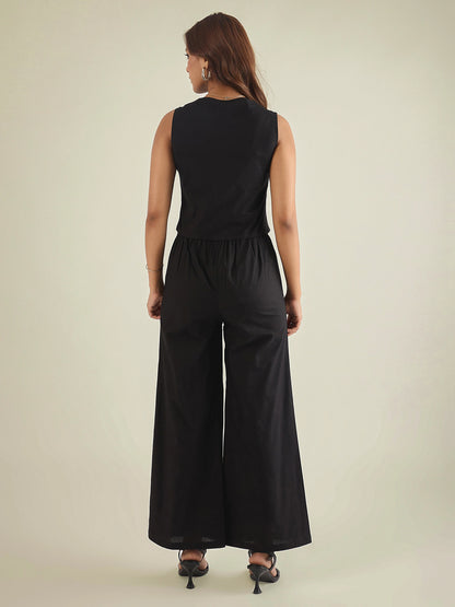 Women Black Cotton Embroidered waistcoat with pant co-ord set