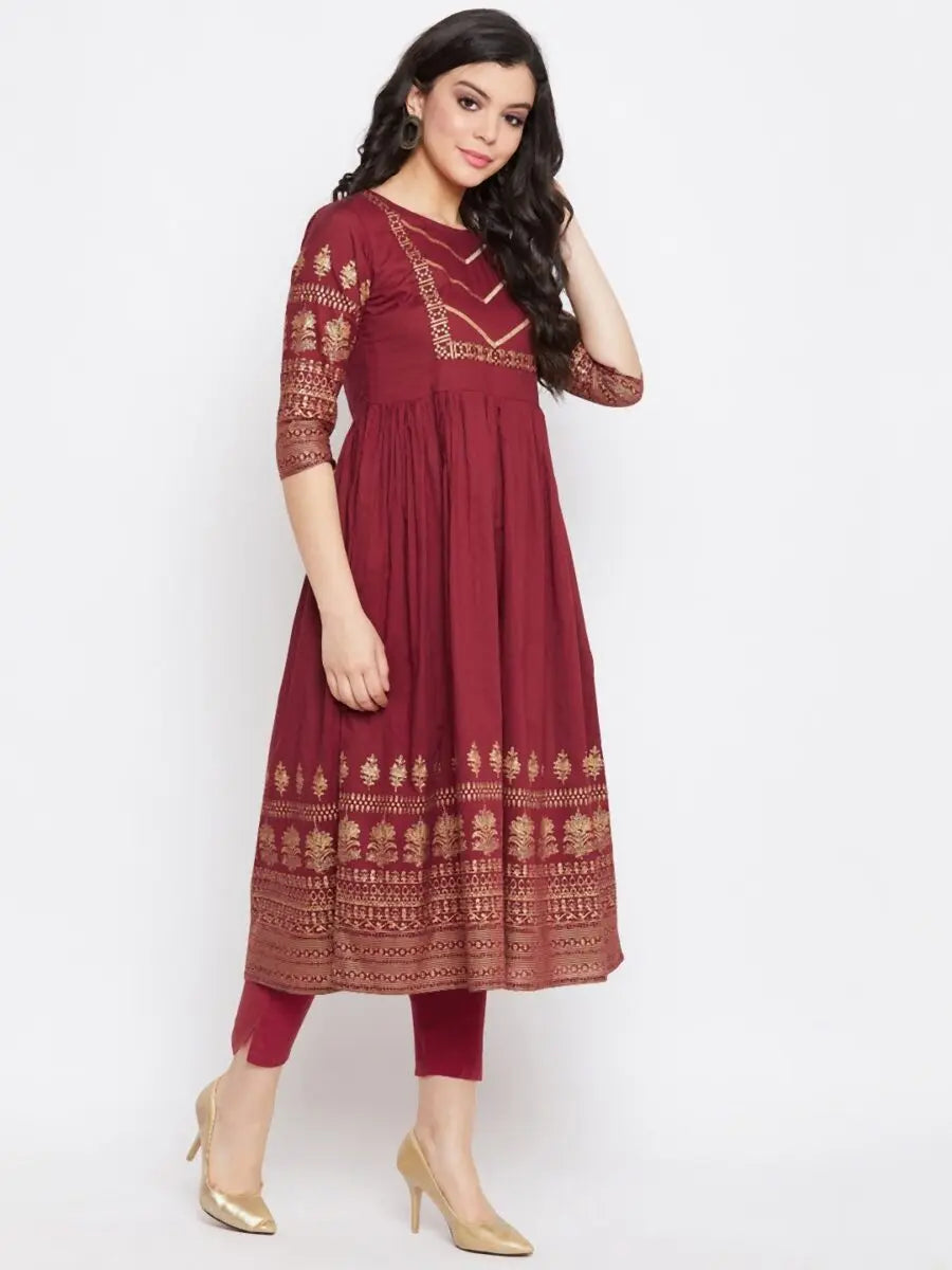 winered-maroon-flared-cotton-floral-print-kurta