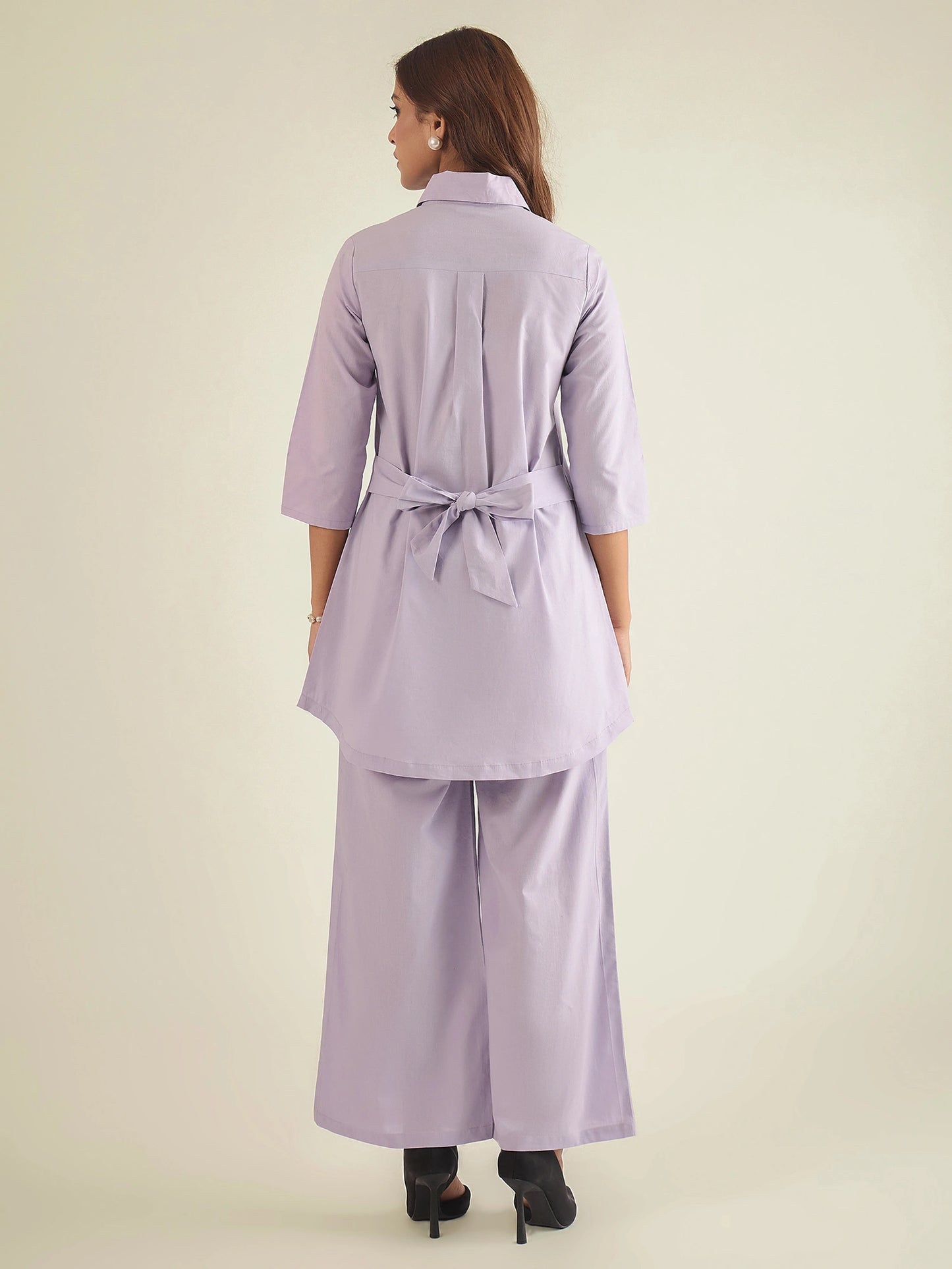 Women Lavender Cotton Embroidered Shirt with Pant Co-ord Set