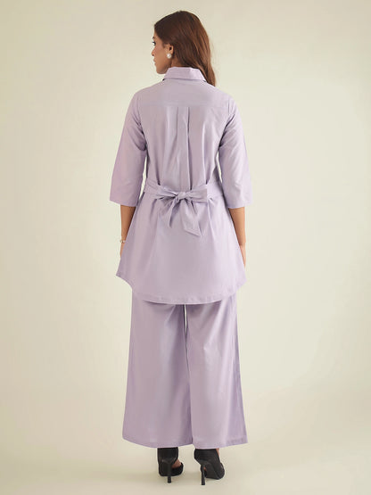 Women Lavender Cotton Embroidered Shirt with Pant Co-ord Set