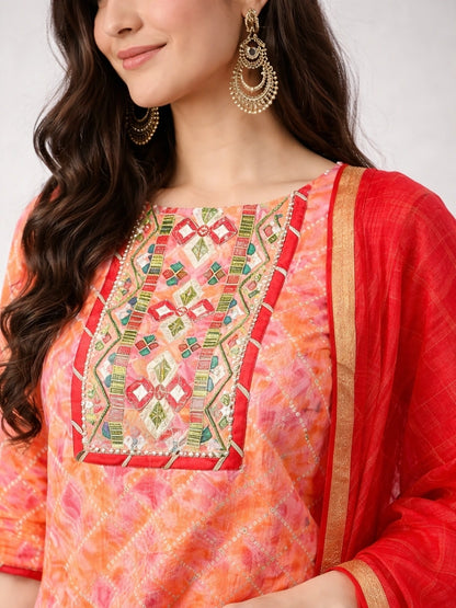 WineRed Woman Orange with Neck Embroiderey Sharara Set