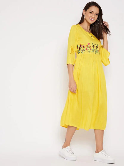 winered-yellow-gathered-rayon-embroidered-dress