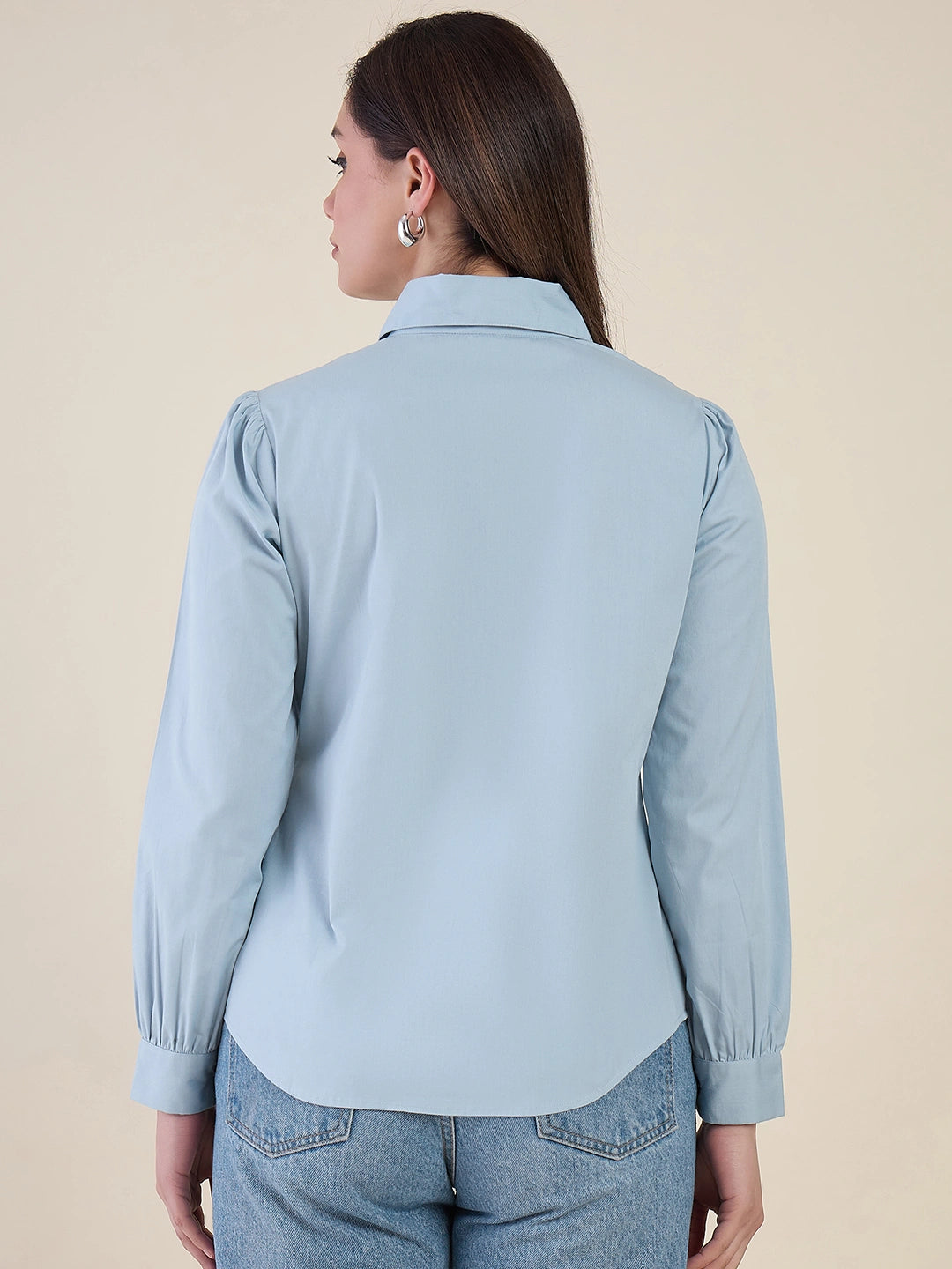 Women Blue Heart Embroidered Casual Shirt