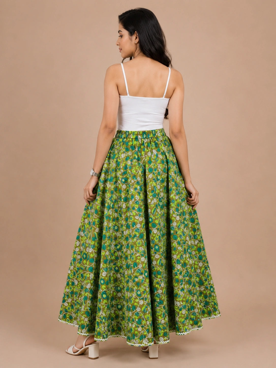 Women Cotton Ethnic Printed Maxi Flared Skirt with Contrast Lace Hem