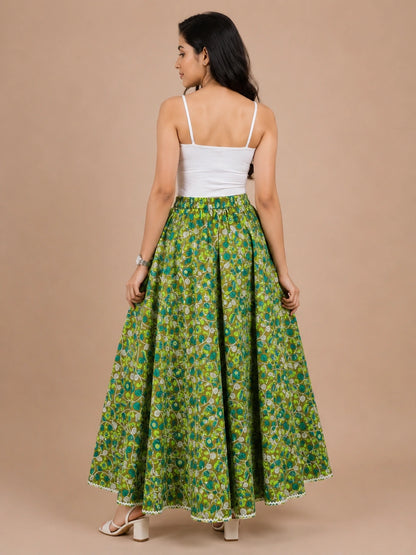 Women Cotton Ethnic Printed Maxi Flared Skirt with Contrast Lace Hem
