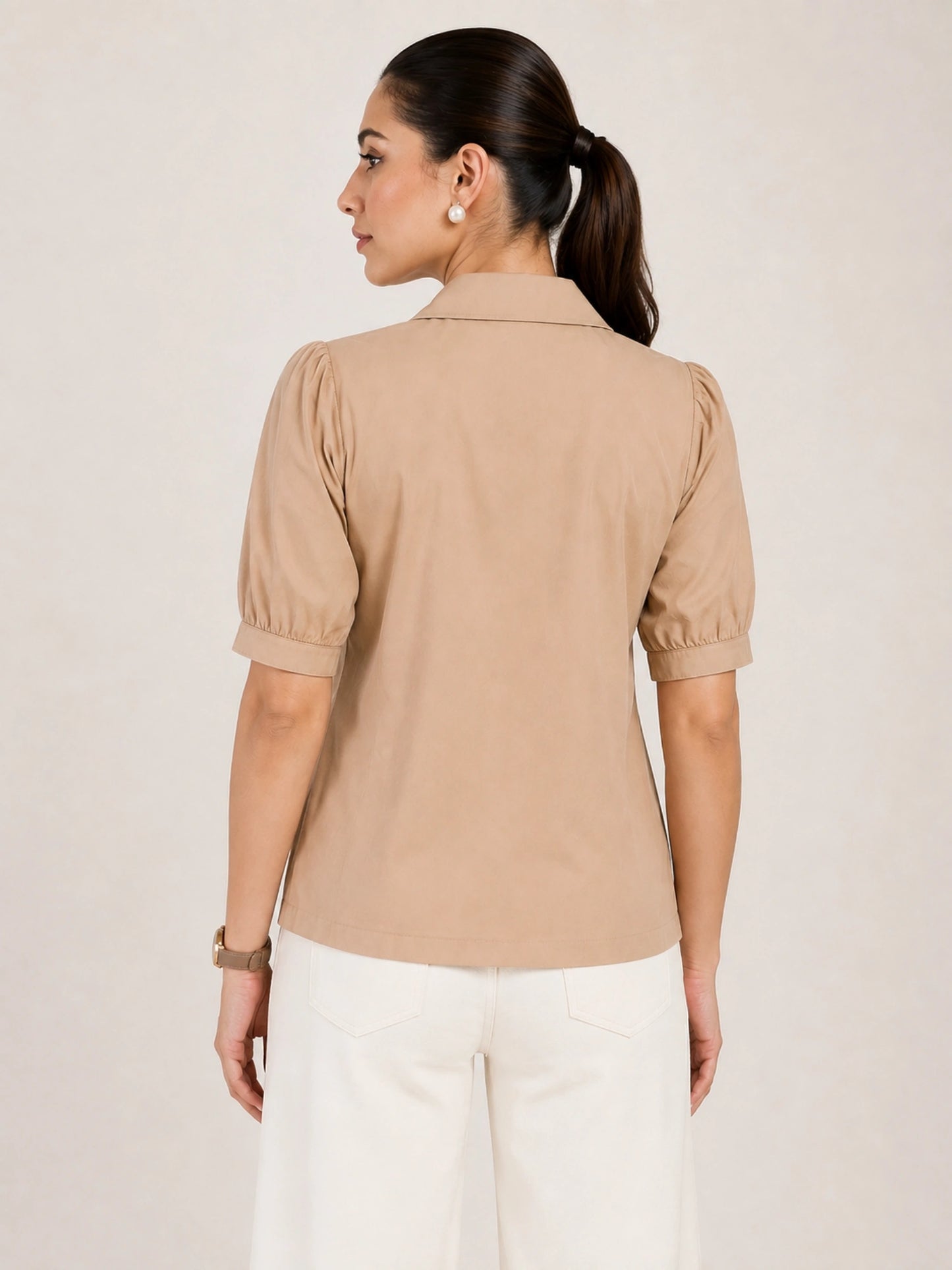 Women's Beige Solid Shirt Collar Puff Sleeve Button Front Regular Fit Casual Office Wear Top for Women