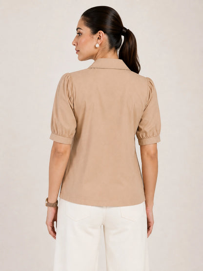 Women's Beige Solid Shirt Collar Puff Sleeve Button Front Regular Fit Casual Office Wear Top for Women