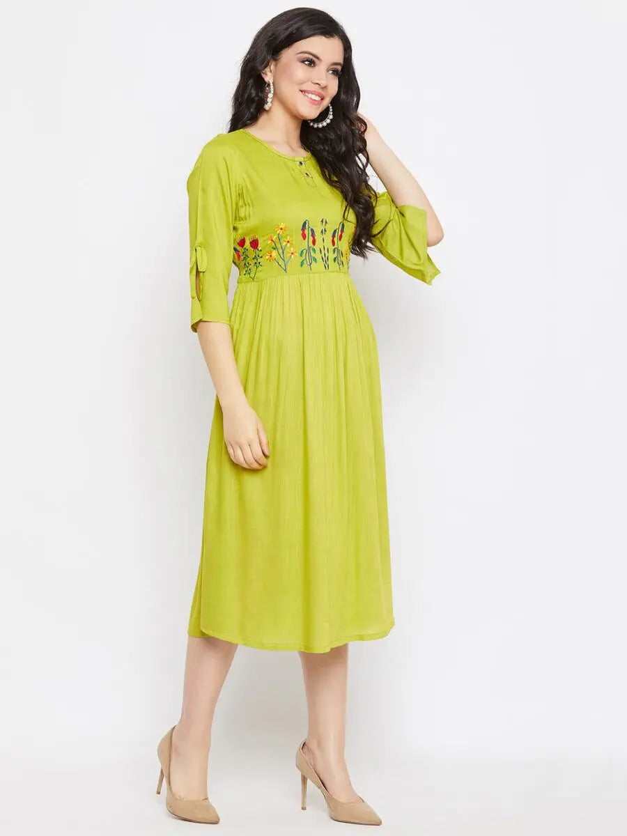 winered-green-gathered-rayon-embroidered-dress