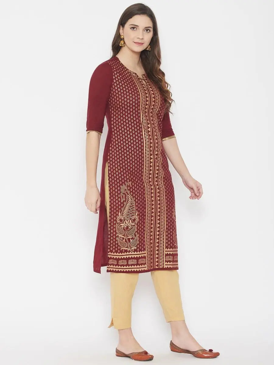 winered-maroon-straight-pure-cotton-printed-kurta
