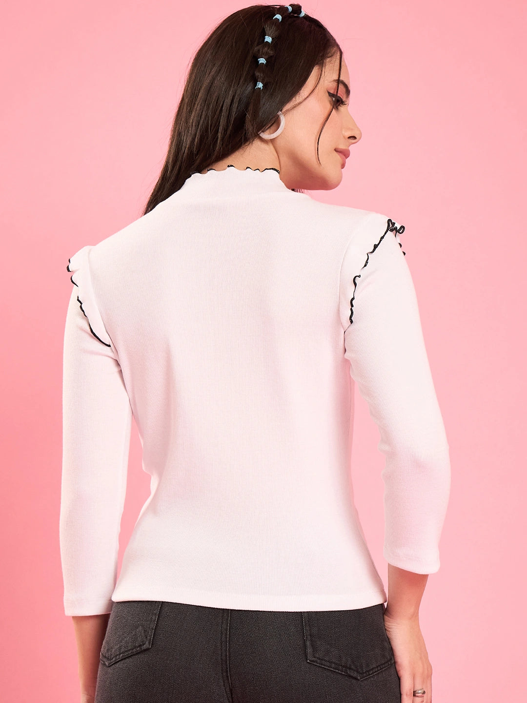 White Ruffle Trim Ribbed Top