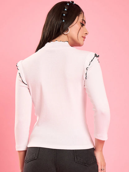 White Ruffle Trim Ribbed Top
