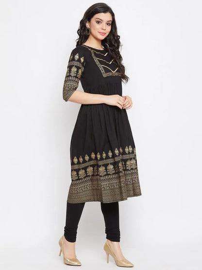 winered-black-flared-cotton-floral-print-kurta