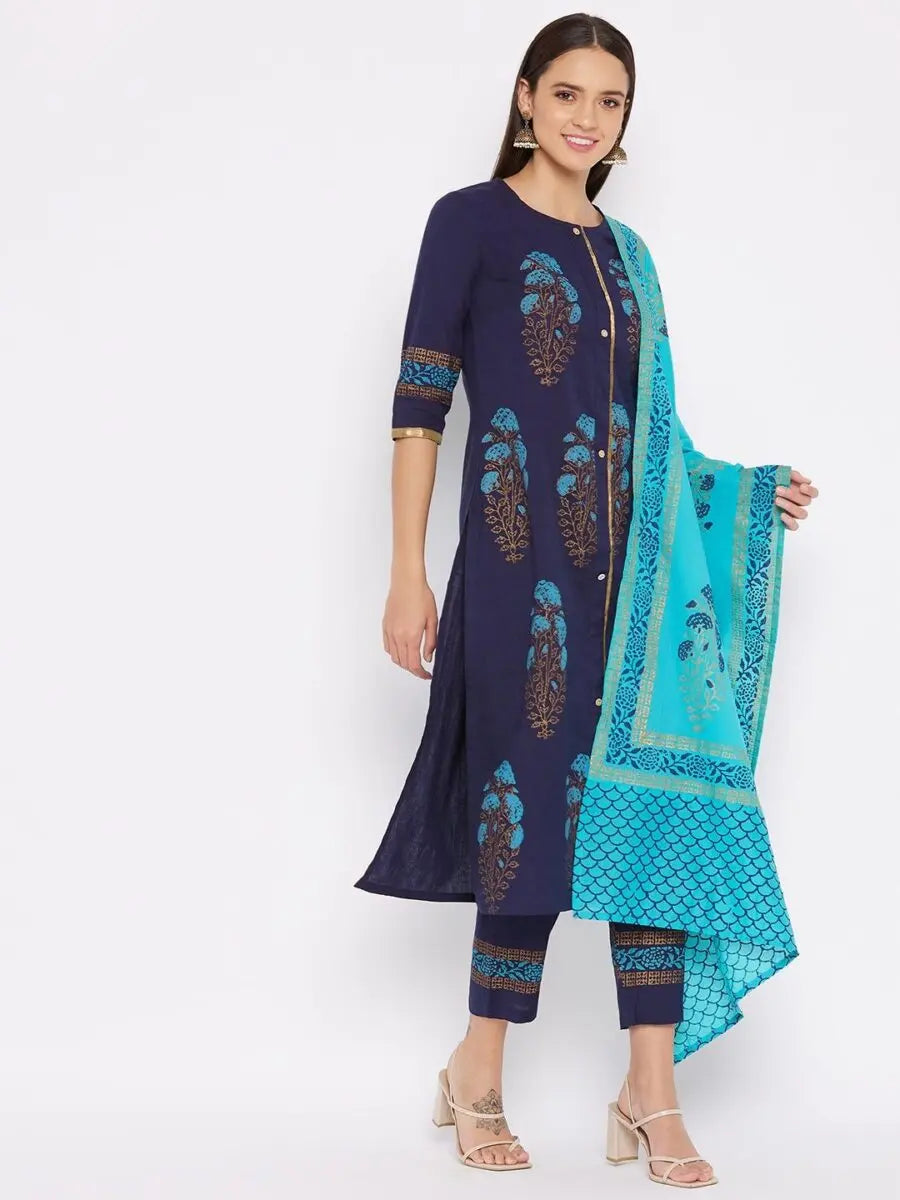 winered-dark-blue-straight-cotton-printed-kurta-pant-dupatta-set