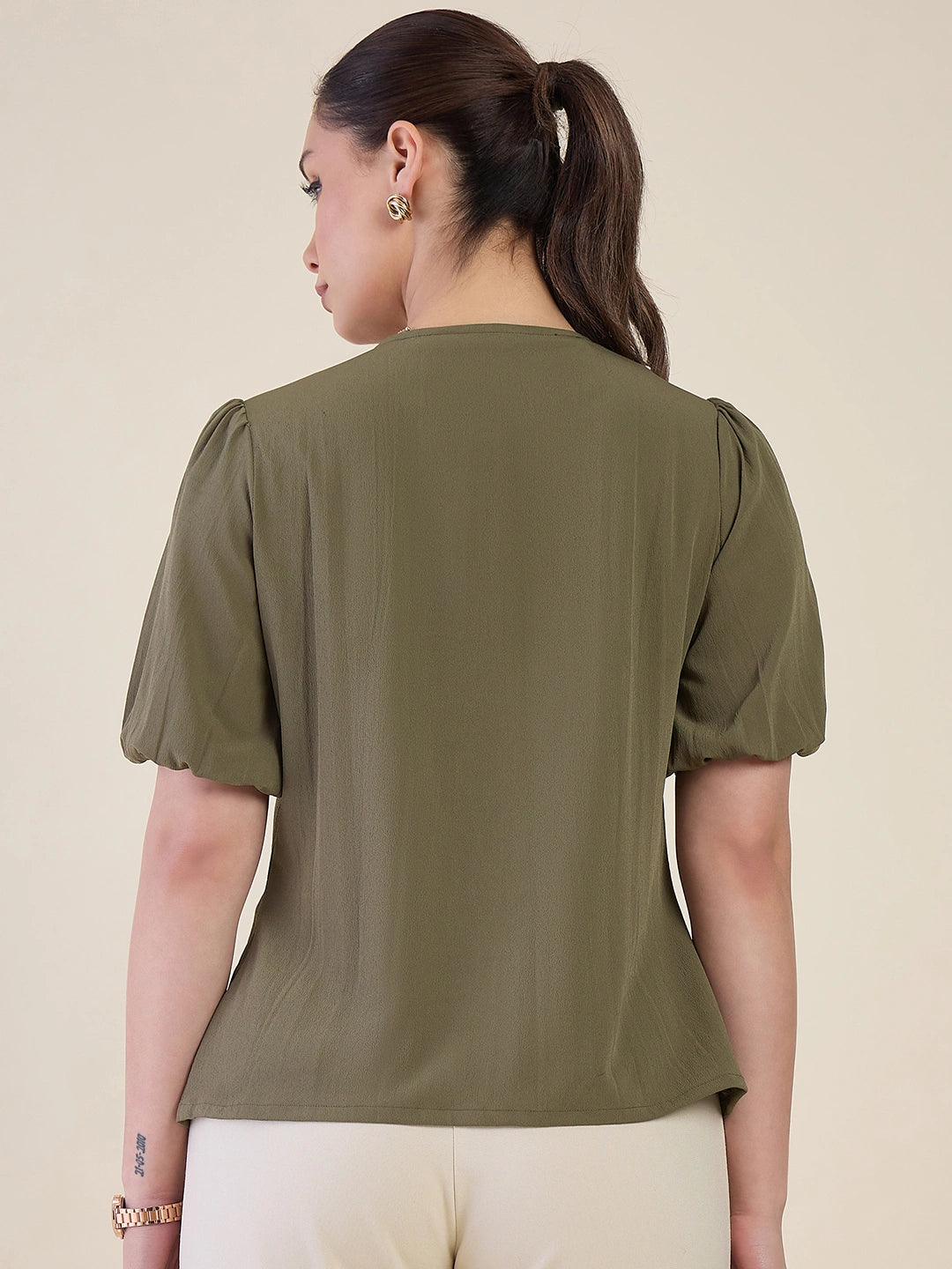 Women Olive Green Embroidered Shirt Top