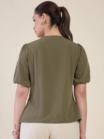 Women Olive Green Embroidered Shirt Top