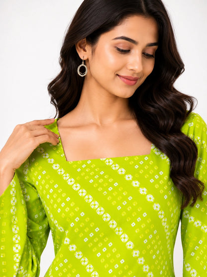 Women's Green Printed Corset Style Short Kurti with Square Neck, Full Bell Sleeves and Adjustable Back Tie-Up for Casual Wear