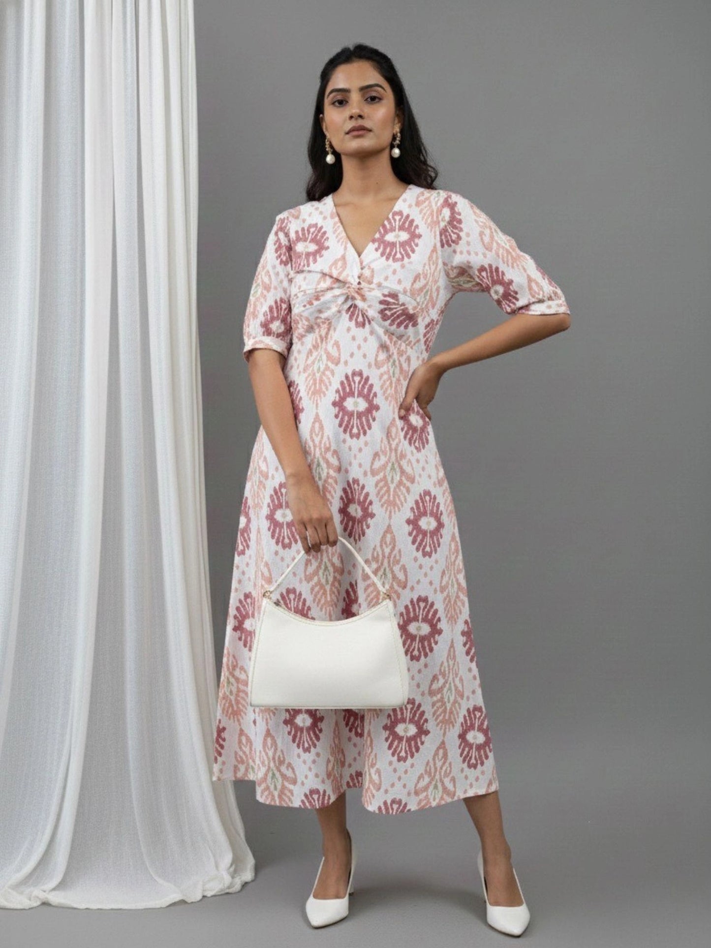 Women Cotton Ikat Printed Knotted Midi Dress