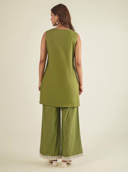 women-green-cotton-poplin-lace-detailed-tunic-with-pant-co-ord-set