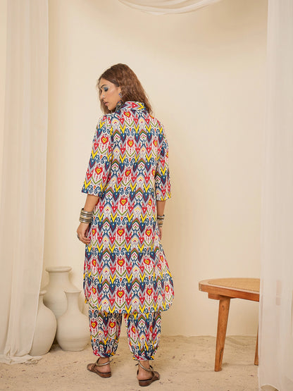 women-geometric-print-collared-pathani-kurta-set