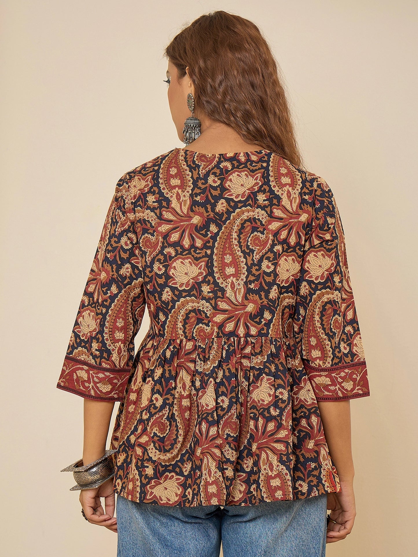 Women Cotton Navy Blue Printed Bodered Peplum Top