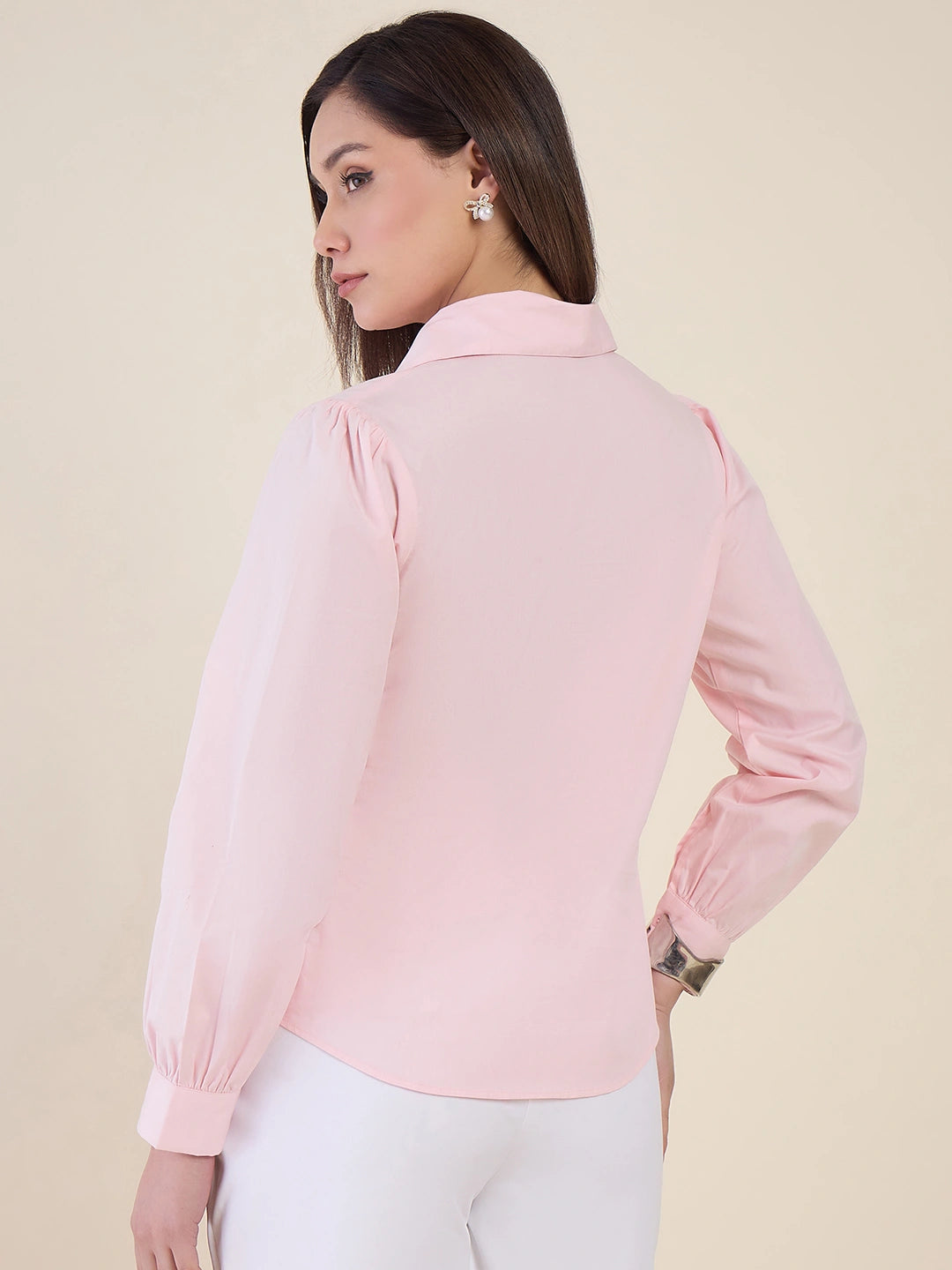 Women Pink Heart Embroidered Casual Shirt
