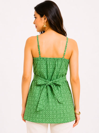 WineRed Women's Green Printed Cotton Halter Neck Corset Style Sleeveless Casual Short Kurti