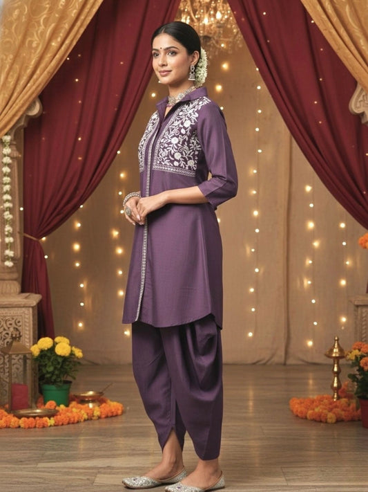 Women Purple Embroidered Tunic with Harem Salwar Coord Set