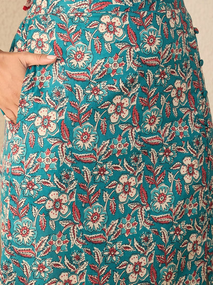 Women's Teal Floral Printed Maxi Skirt