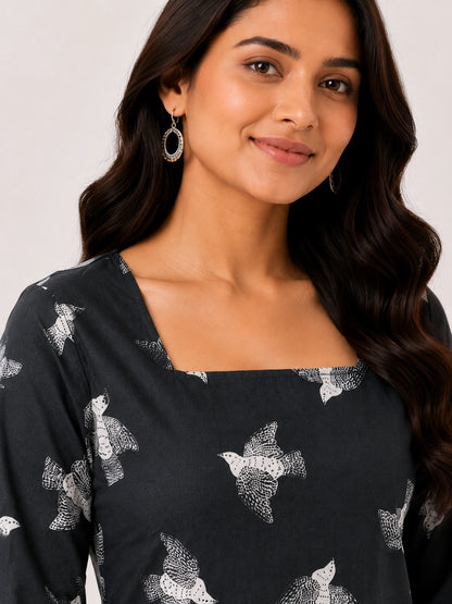 Women's Black Printed Corset Style Short Kurti with Square Neck, Full Bell Sleeves and Adjustable Back Tie-Up for Casual Wear