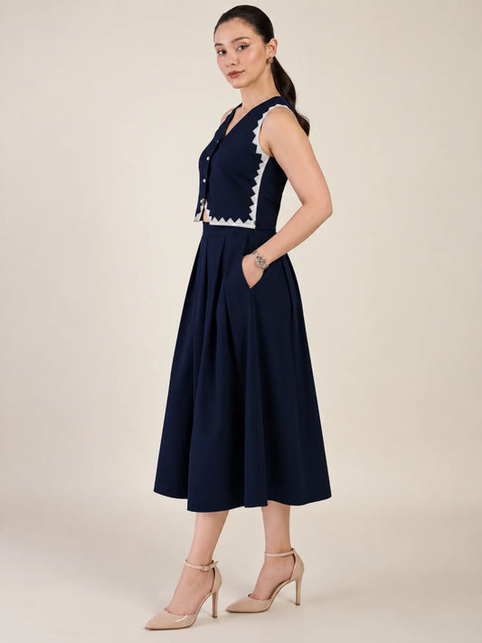 Women Navy Blue Vest & Skirt Co-ord Set