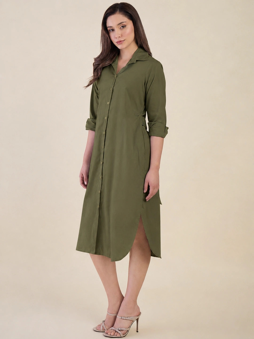 Women Green Side Silt Shirt Dress
