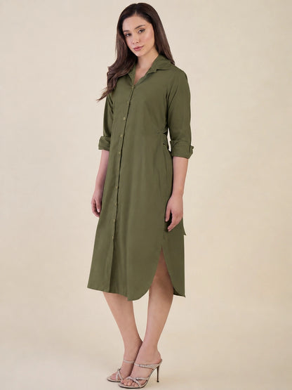 Women Green Side Silt Shirt Dress