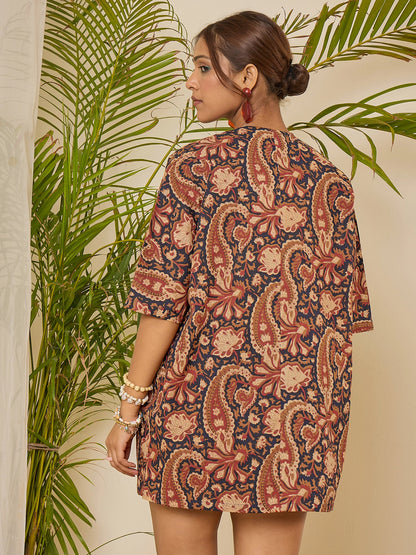 women-cotton-border-printed-shrug-with-shorts-2pc-set