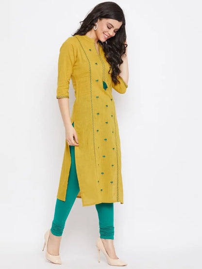winered-mustard-yellow-straight-cotton-embroidered-kurta