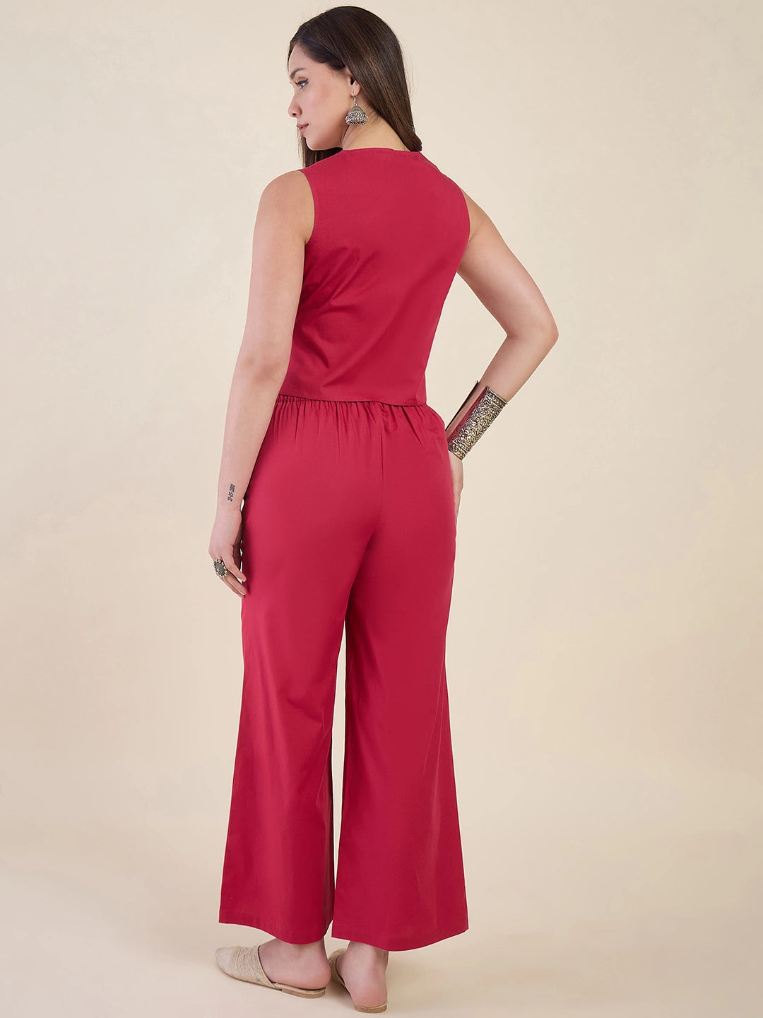 Women Pink Sleeveless Vest Top with Pants Co-ord Set