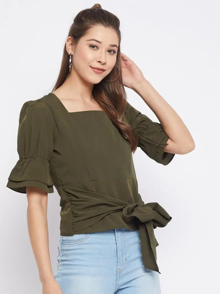 winered-dark-green-solid-polyester-regular-top