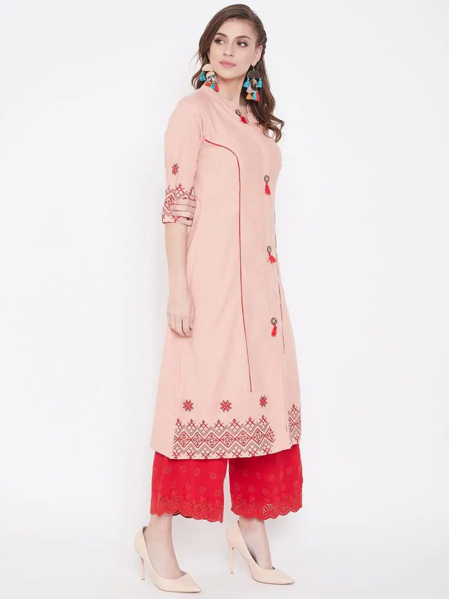 winered-peach-a-line-cotton-embroidered-kurta