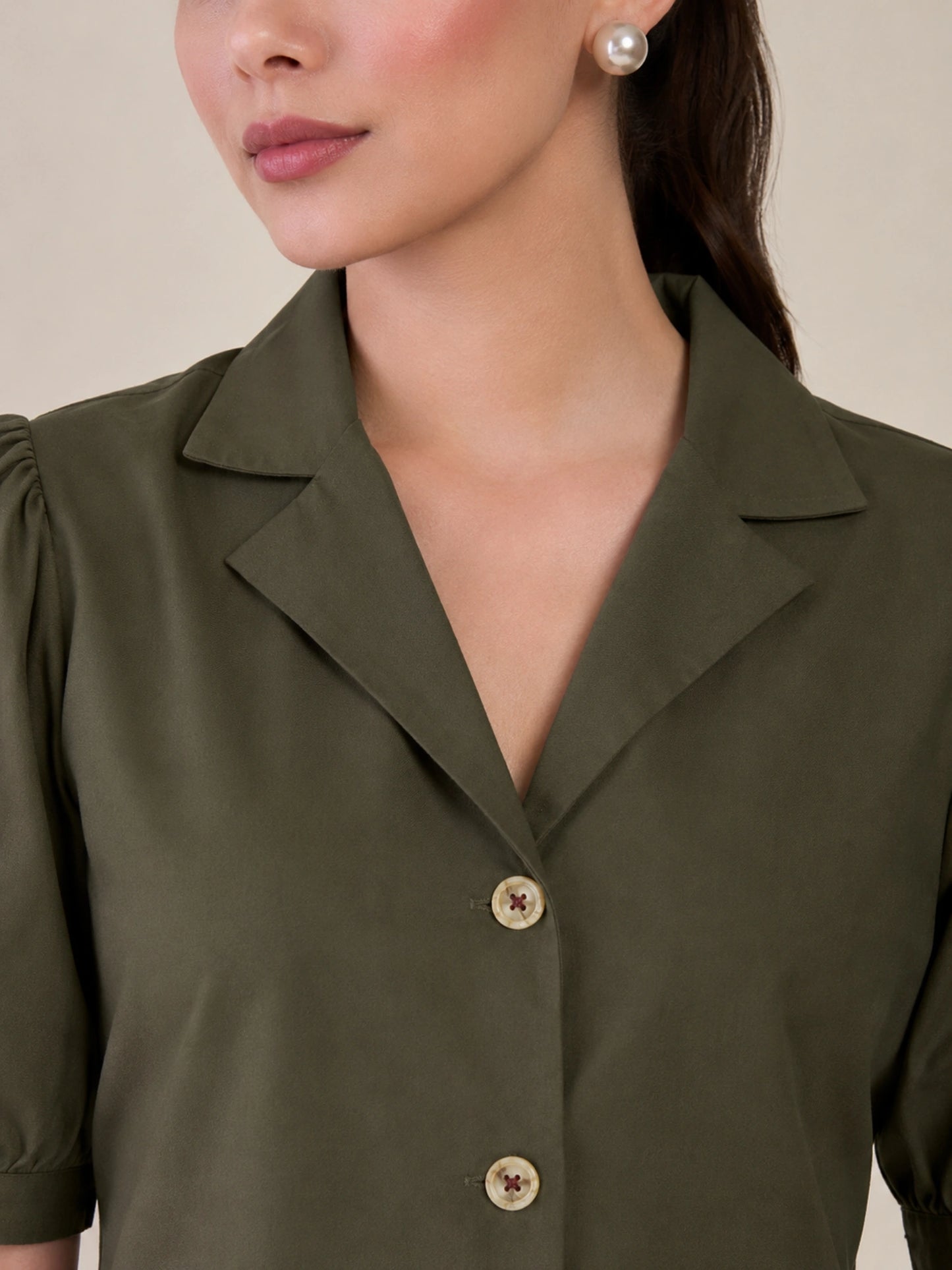 Women Olive Green Puff Sleeves Co-ord Set