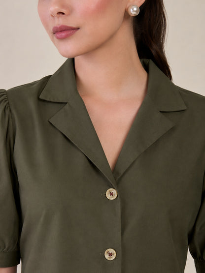 Women Olive Green Puff Sleeves Co-ord Set