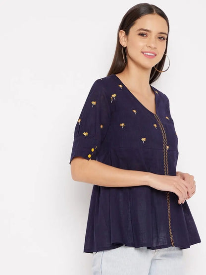 winered-navy-blue-a-line-cotton-embroidered-top