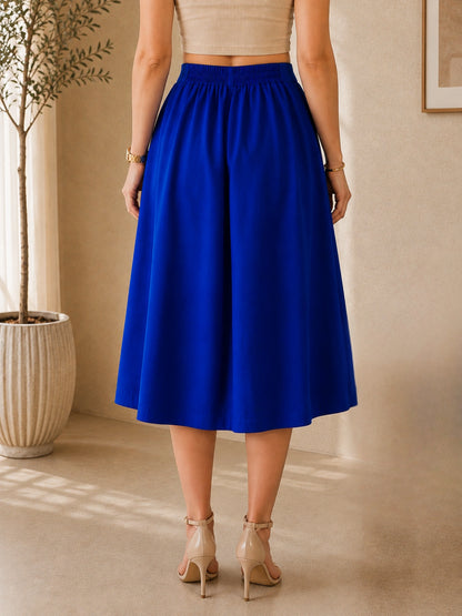 Women Solid Pleated Flared Midi Skirt