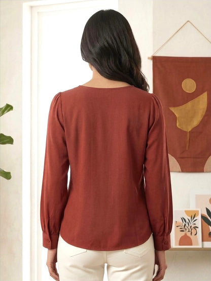 Women Maroon Collared Shirt with Contrast Embriodery