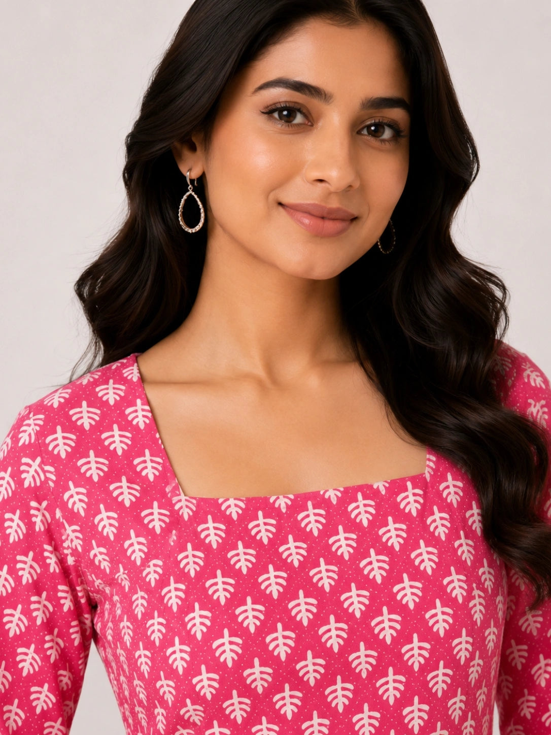 Women's Pink Printed Corset Style Kurti with Square Neck, Full Bell Sleeves and Adjustable Back Tie-Up for Casual Wear