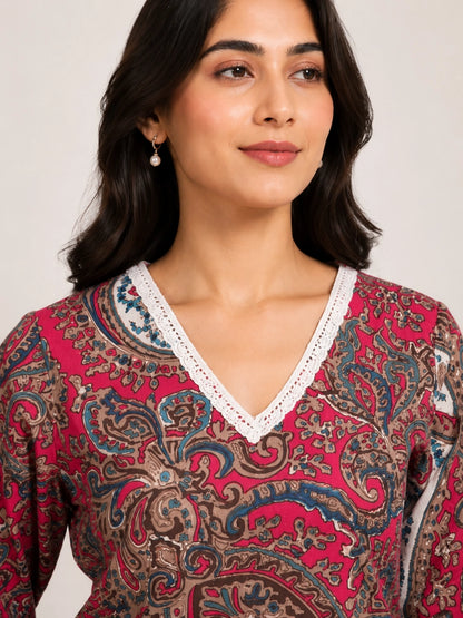 Women's Pink Paisley Print Short Kurti with V-Neck Lace Detail and Three-Quarter Sleeves for Casual Wear