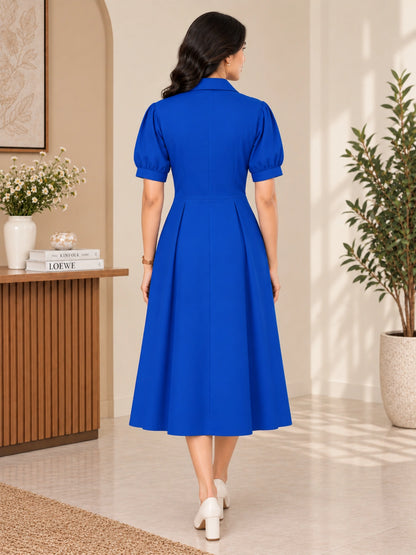 WineRed Women's Blue Self Design Shirt Collar Puff Sleeve Fit & Flare Midi Dress