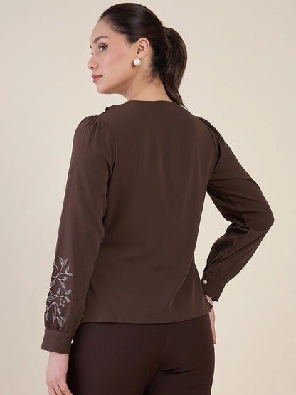 Women Brown Embroidered Peter Pan Collar Shirt