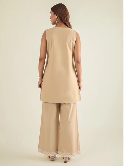 women-beige-cotton-poplin-lace-detailed-tunic-with-pant-co-ord-set