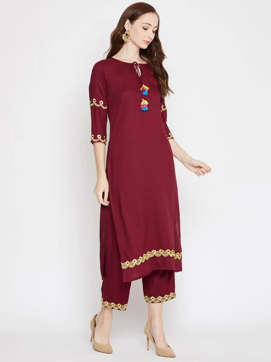 winered-maroon-straight-rayon-embroidered-kurta-and-palazzo-set